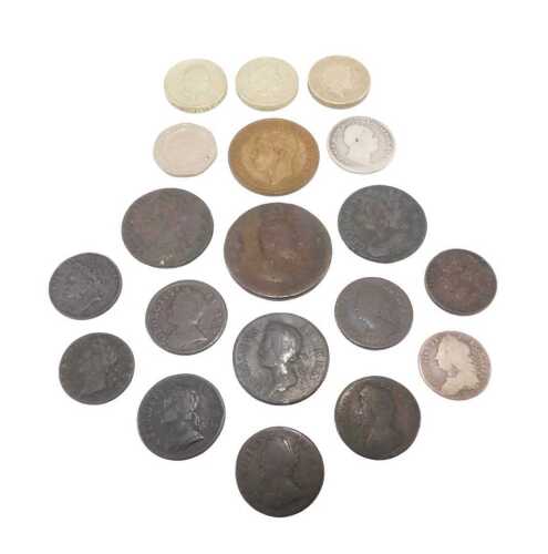 Various coins, predecimal George III and others, an unusual Isle of Man car back twenty pence...