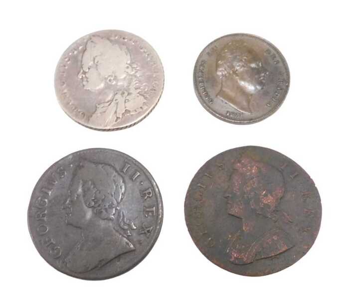 Various coins, to include a George II shilling, probably 1758, a George II half penny 1752, a...