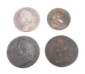 Various coins, to include a George II shilling, probably 1758, a George II half penny 1752, a...