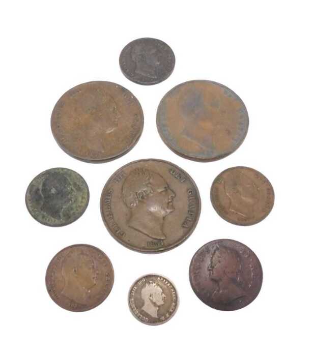 Coins. A William IV penny 1831, further pennies 1837, low denomination, a further 1831 penny,...