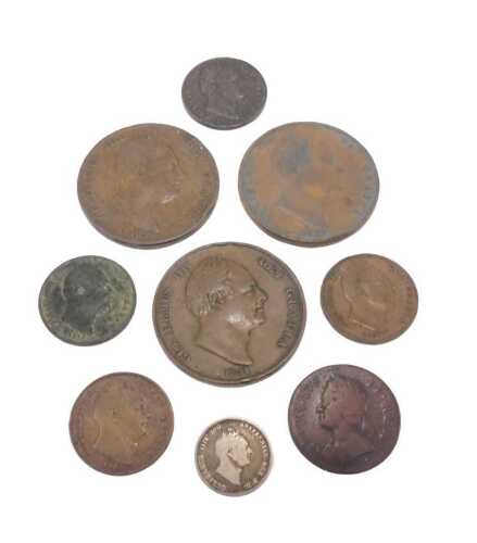 Coins. A William IV penny 1831, further pennies 1837, low denomination, a further 1831 penny,...