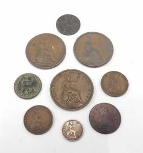Coins. A William IV penny 1831, further pennies 1837, low denomination, a further 1831 penny,... - 2