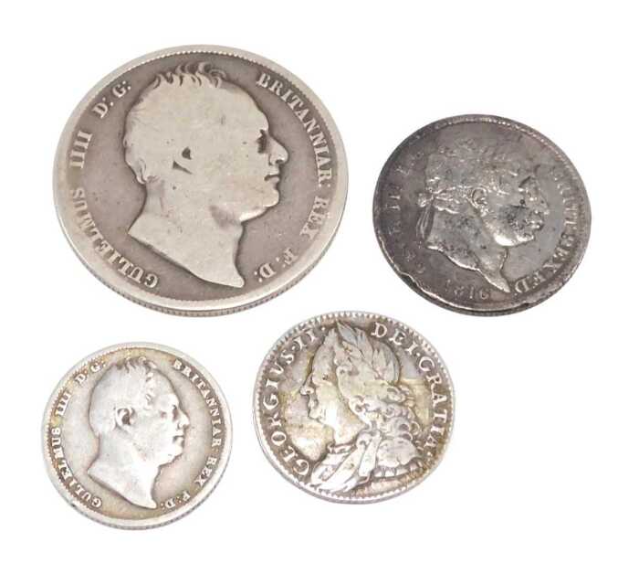 Various coins, to include a George II six pence 1757, another William IV six pence 1834, George...