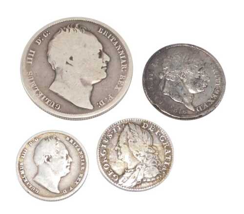 Various coins, to include a George II six pence 1757, another William IV six pence 1834, George...