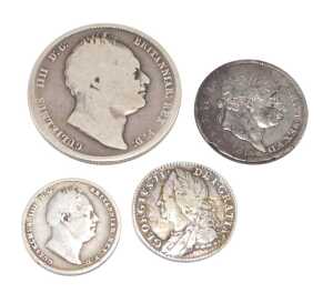 Various coins, to include a George II six pence 1757, another William IV six pence 1834, George...