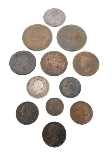 Various coins, to include George III half penny 1723, shilling 1826, other George III and George...