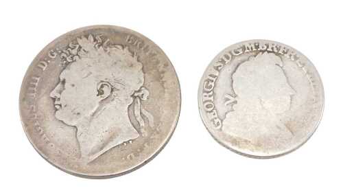Coins. A George IV half crown 1821 and a shilling 1723. (2)