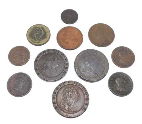 Various coins, to include George III cartwheel two pence, another, various other low...