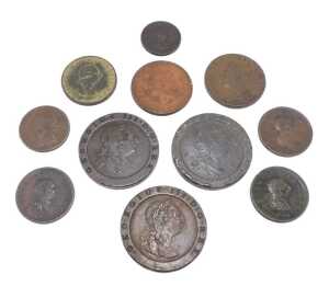 Various coins, to include George III cartwheel two pence, another, various other low...