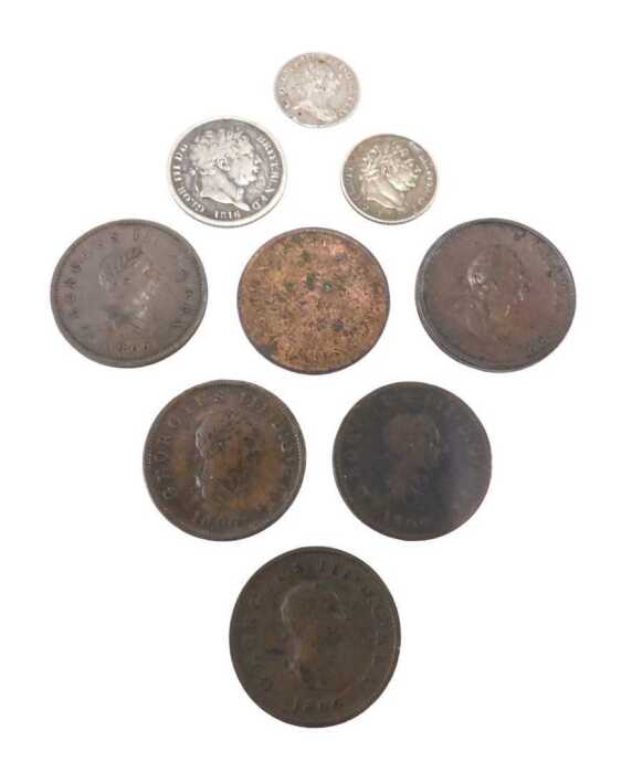 Coins. A George III shilling 1816, six pence, a small quantity of other low denomination...
