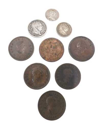 Coins. A George III shilling 1816, six pence, a small quantity of other low denomination...