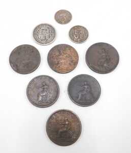 Coins. A George III shilling 1816, six pence, a small quantity of other low denomination... - 2