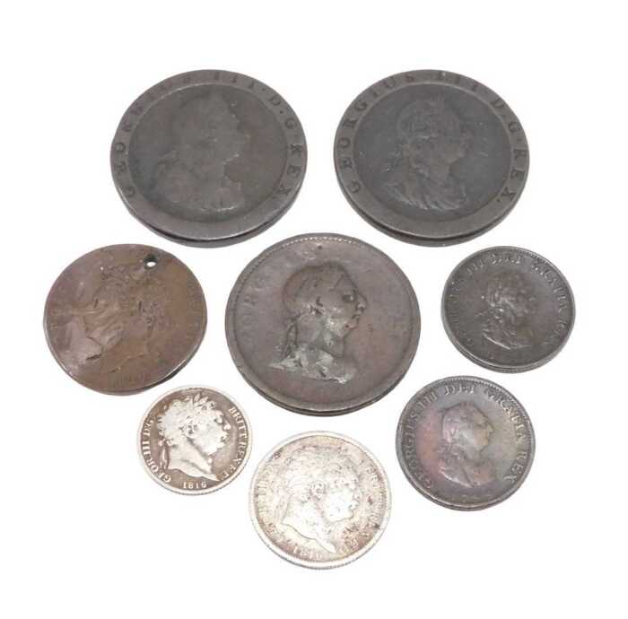 Coins. A George III six pence 1816 and a small quantity of other George III coins, cartwheel...