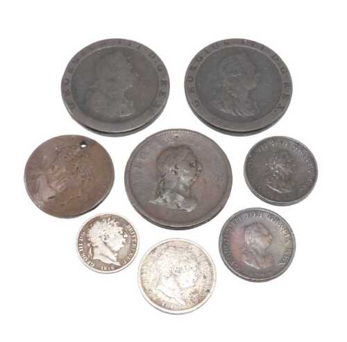 Coins. A George III six pence 1816 and a small quantity of other George III coins, cartwheel...