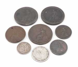 Coins. A George III six pence 1816 and a small quantity of other George III coins, cartwheel... - 2