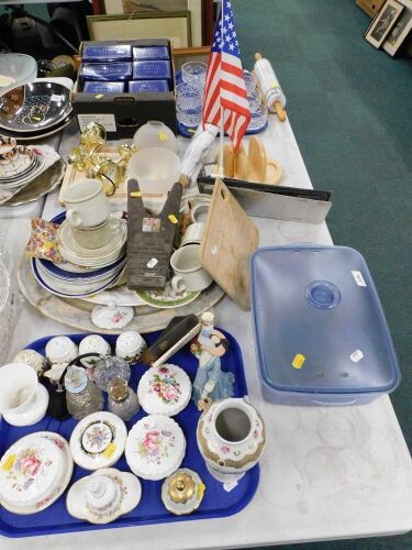 Various china, glassware, pottery and effects, American flag, kitchenalia, glassware, marble rolling pin, Royal Doulton crystal, etc. (a large quantity)