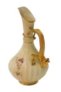 A Royal Worcester blush ivory porcelain ewer, No. 1463, with dragon handle and flared spout,... - 2