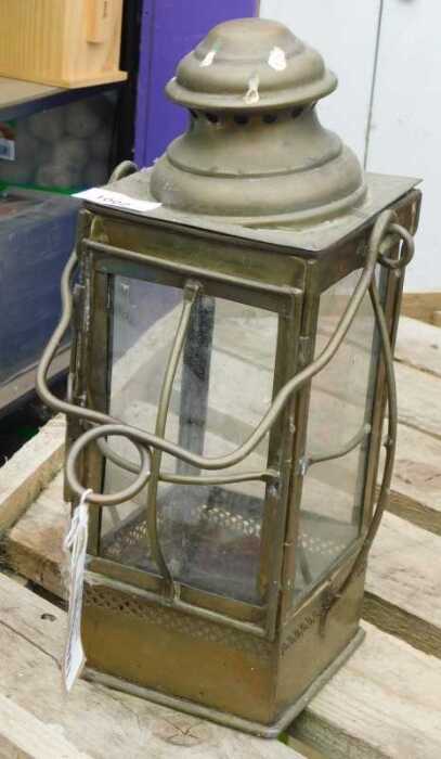 V - An early 20thC brass ship's lantern, of rectangular form, with inverted circular top, four...