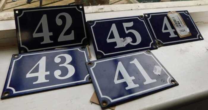 V - Various enamel number plates, in blue and white, to include 41, 15cm wide, etc. (5) NB. VAT is...