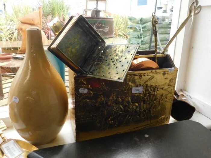 V - Pottery and brassware, various toasting forks, chestnut roaster, newspaper rack, 38cm wide, a...