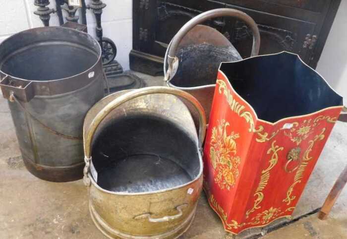 V - Various metalware, an early 20thC copper and brass coal helmet, with swing and fixed handles, on...