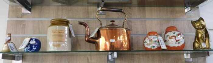 V - Various bygones and collectables, brassware, ginger jars, copper kettle, 23cm high, a stoneware...