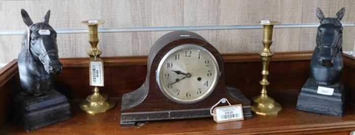 V - Various collectable items, brassware, etc., a Napoleon hat oak-cased mantel clock, pair of brass...