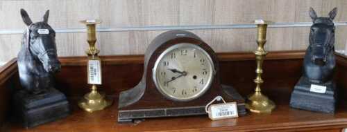 V - Various collectable items, brassware, etc., a Napoleon hat oak-cased mantel clock, pair of brass...
