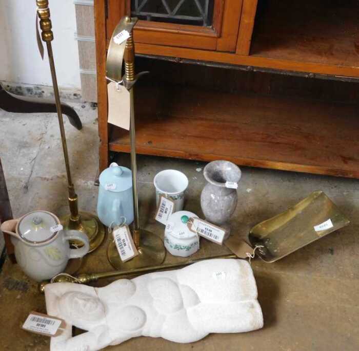 V - Various collectable items, brass sword poker, further poker on stand, brass fireside shovel,...