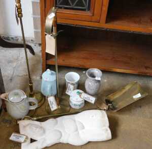 V - Various collectable items, brass sword poker, further poker on stand, brass fireside shovel,...