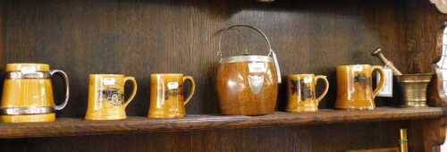 V - Various pottery and effects, an early 20thC oak biscuit barrel, with plated mounts and shield...