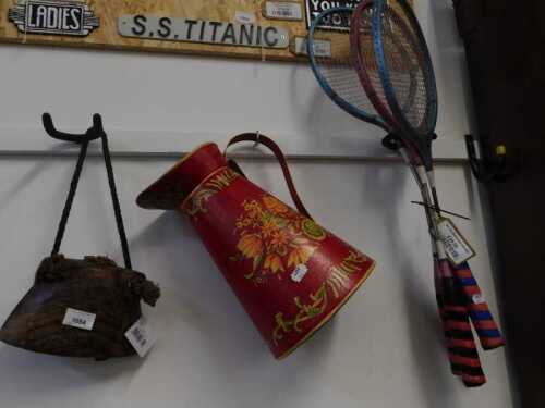 V - A vintage wooden cow bell, with rope handle, 19cm wide, a toleware-style jug, painted with...