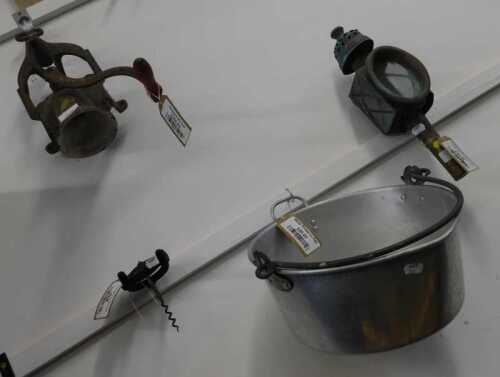 V - Various bygones, collectables, etc., metal preserve pan, antique mincer, vintage corkscrew, 13cm...