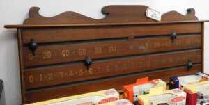 V - A 20thC hanging snooker scoreboard, of rectangular form, with curved top, with gilt coloured...