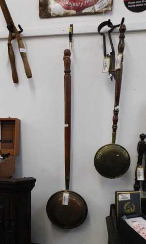 V - Various bygones and collectables, a brass bed warming pan of small proportion, with turned oak...