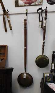 V - Various bygones and collectables, a brass bed warming pan of small proportion, with turned oak...