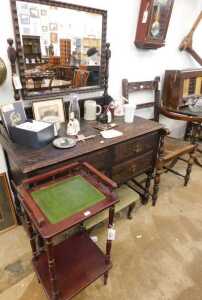 V - Various furniture, a 19thC rush-seated elbow chair, with heavily carved floral back, on turned...