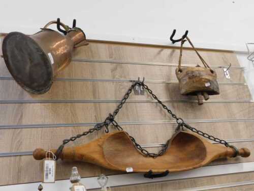V - Various bygones, a copper and brass Eastern drinking vessel, of bell-shaped form, with fixed...