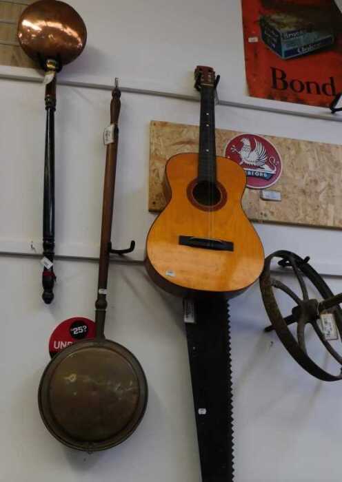 V - Various bygones, collectables, etc., two various copper warming pans, one with ebonised handle,...