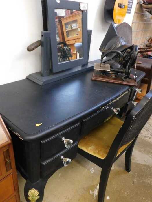 V - Various furniture, dressing table, overstuffed chair with bergere back, and an articulated...
