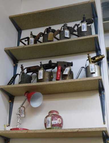 V - Various bygones, collectables, etc., modern table lamp, ginger jar, and various blow lamps. (a...