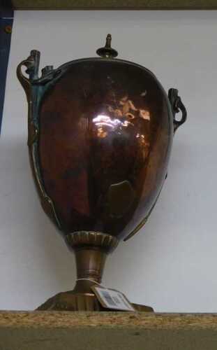 V - An early 20thC copper and brass samovar, of tapering circular form, with vacant crest shield on...