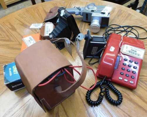 V - Various cameras, related items, vintage telephone, Western exposure meter, partially cased, 11cm...