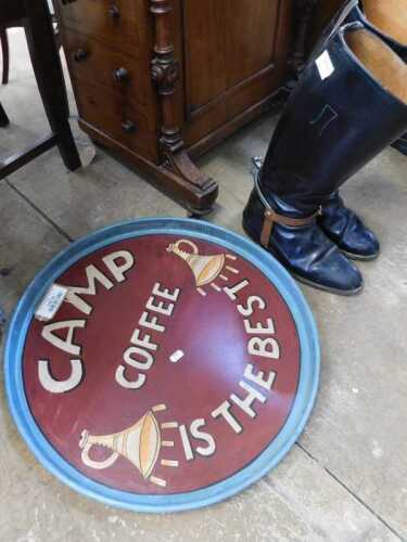 V - A pair of black leather riding boots, with part spurs, and a Camp Coffee is the Best...