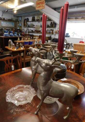 V - Metalware and glassware, including two plated stag table candlesticks, 46cm high, a rustic treen...