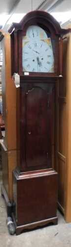 V - A 19thC mahogany longcase clock, the arched dial, 29cm diameter, with Roman and Arabic numerals,...