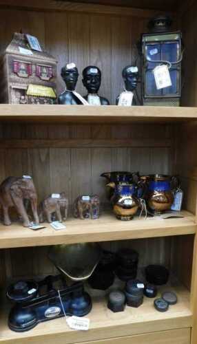 V - Various bygones, collectables, etc., African tribal figures, bust figure 17cm high, a brass ship'...