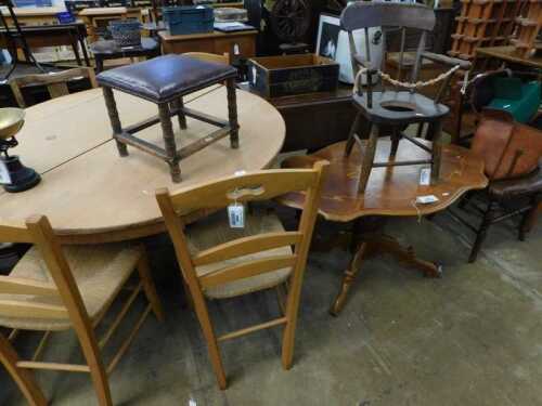 V - Various furniture and effects, a pine dining table with circular top, on a tapering stem...