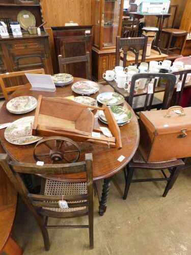 V - Various furniture, an early 20thC oak D-end gate-leg barley twist table, and various associated...