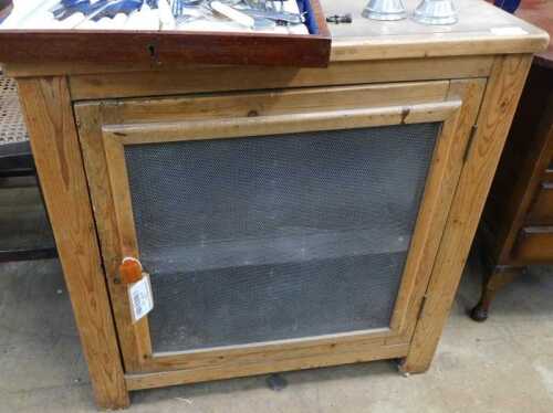 V - An early 20thC pine floor-standing meat safe, of rectangular form, with meshwork door and sides,...